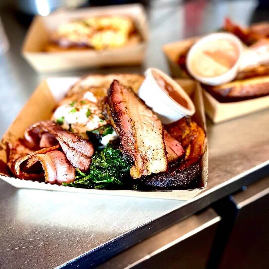 Layers of smoked meat and vegetables