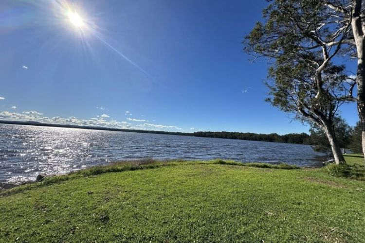 A waterfront path showing a patch of grass and a blue lake.